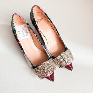 J Crew Wool Plaid Sparkly Bow Heels 6